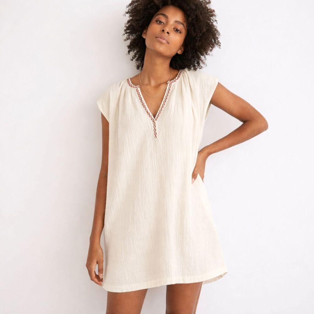 Madewell Cream Cover-Up Tunic Large Embroidered Lightestspun Gauze Vacation Boho